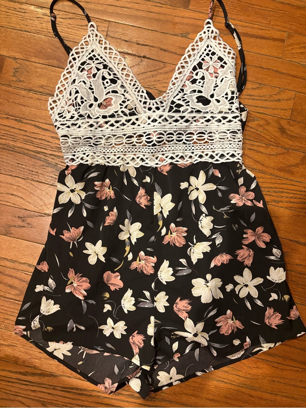 SHEIN Black Floral Romper with Cream & Dusty Pink Accents